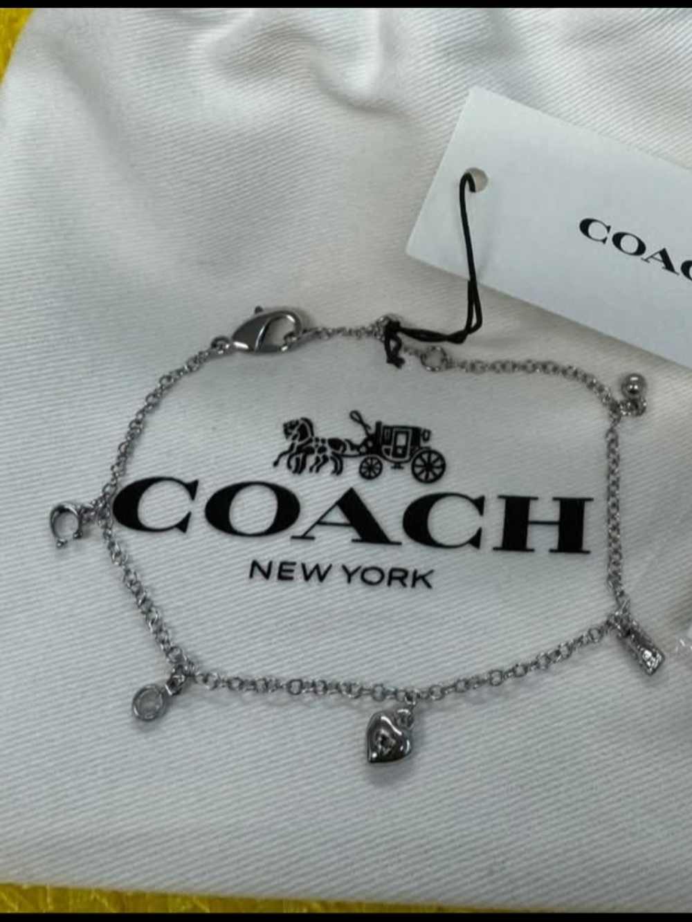 Coach Silver-Tone Dainty Charm Bracelet with Heart Accents NWT